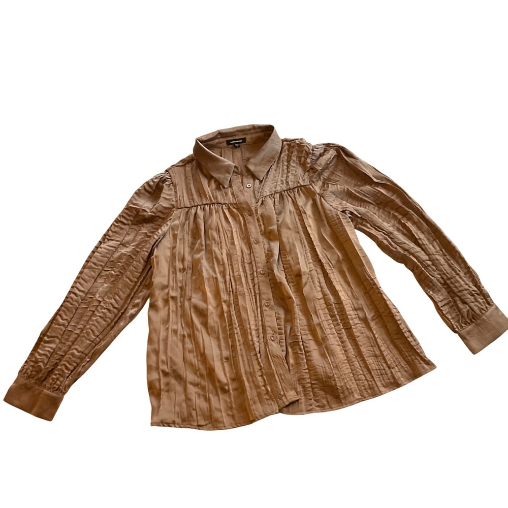 Mittoshop Beige Pleated Button Up Long Sleeve Blouse Women's Size L